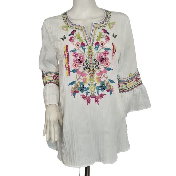 Calessa Tops - Calessa Women's Tunic Size M White  Embroidered Multicolor 3/4 Sleeve Top (53)